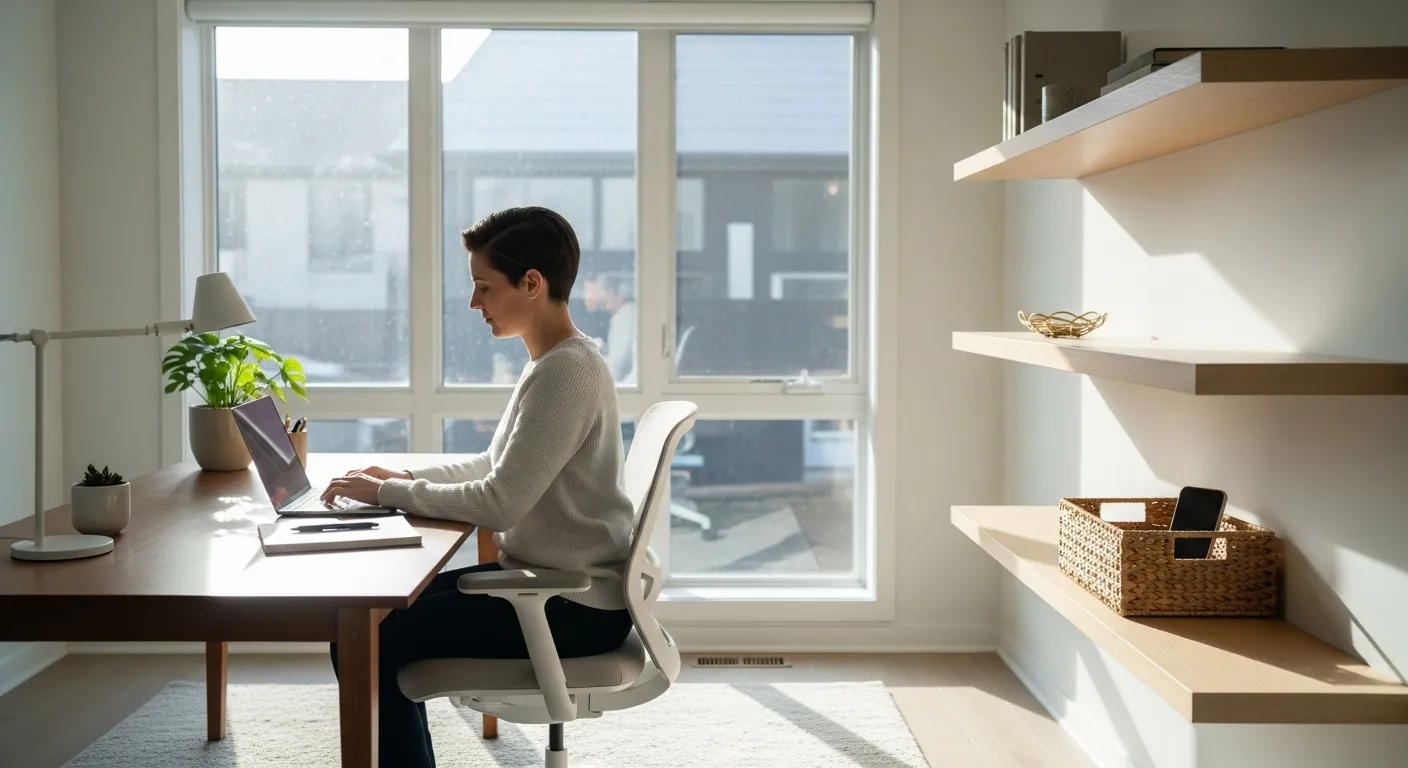 A focused professional works at a laptop in a sunlit, modern home office. A basket for electronic devices sits on a nearby shelf.