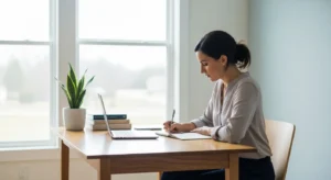 A woman sits in profile at a tidy desk by a large window, writing in a notebook. Her closed laptop and a plant are also on the desk.