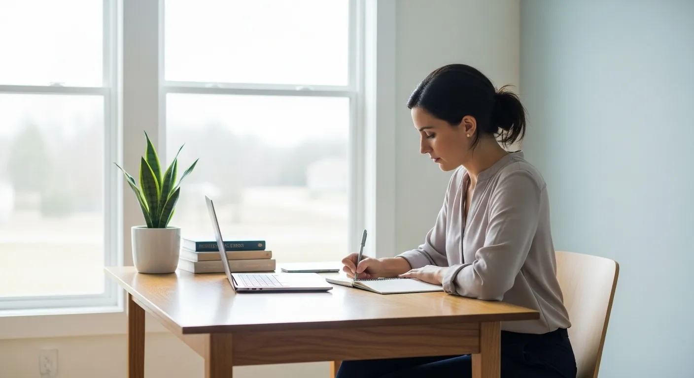 A woman sits in profile at a tidy desk by a large window, writing in a notebook. Her closed laptop and a plant are also on the desk.