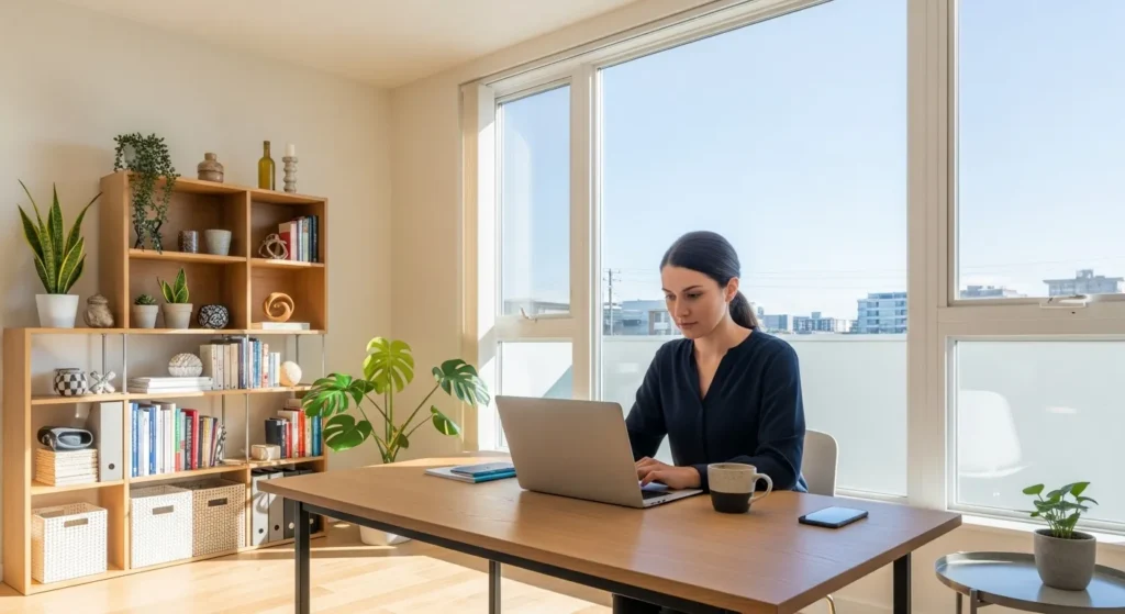 A woman works at a tidy desk in a sunlit home office. Her workspace is organized and a phone is set aside, suggesting a focus on digital wellness.
