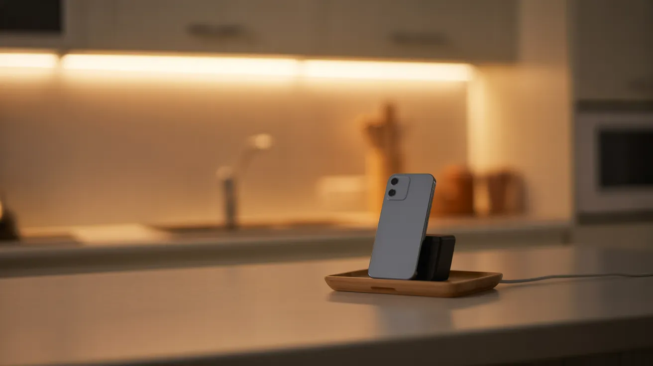A smartphone charges on a wooden tray on a kitchen counter at night, illustrating a digital detox or evening routine.
