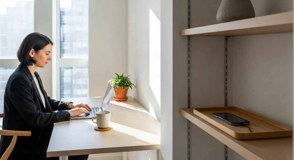 A person working at a sunlit desk in a home office, with their smartphone placed separately on a shelf to encourage focus.