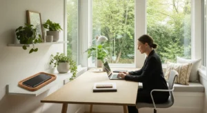 A focused person works at a laptop in a sunlit home office. A smartphone is put away on a nearby shelf, promoting a distraction-free environment.