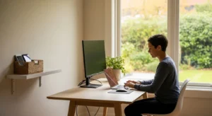 A professional working at a clean, sunlit desk in a spacious home office, with their phone put away in a basket on a shelf.