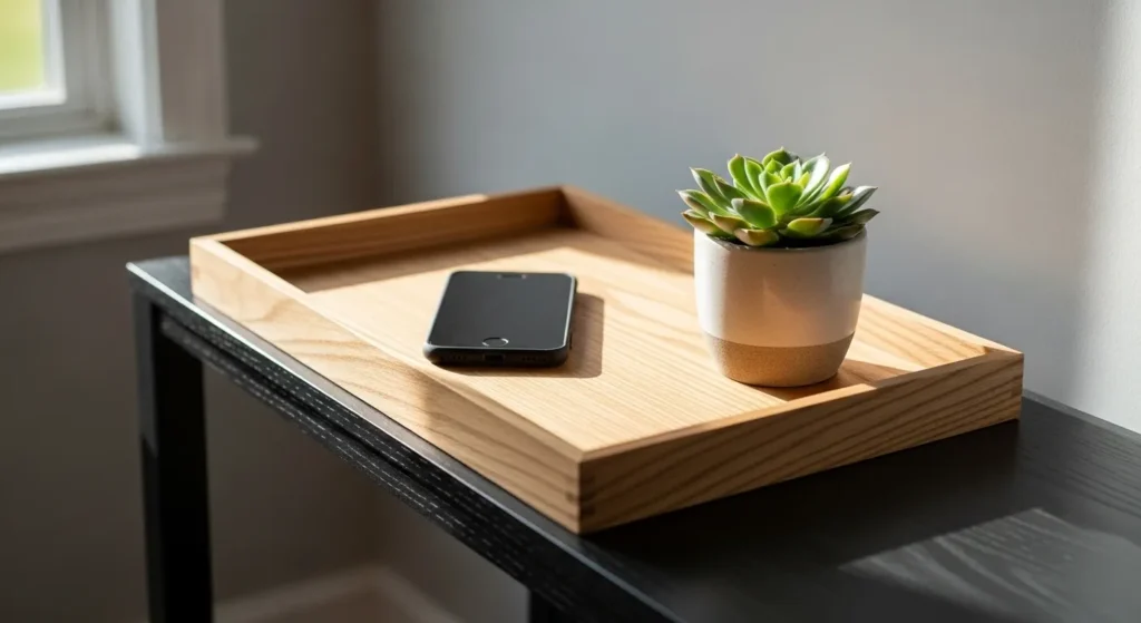 A smartphone resting face down on a wooden tray on a console table, suggesting a designated place for devices.