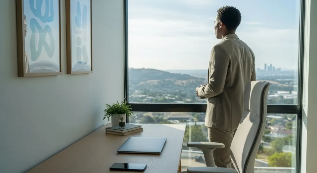 A person stands at their tidy, modern desk looking out a sunlit window, with their laptop closed and phone turned over, suggesting a break.