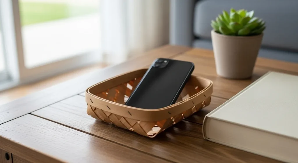 A smartphone lies face down in a small wooden basket on a coffee table next to a book, suggesting an intentional break from screens.
