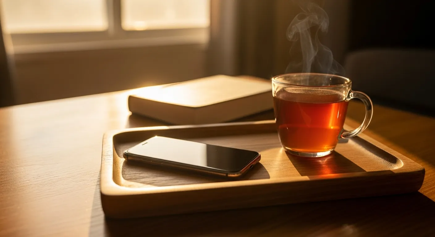 A phone turned face down on a tray next to a book and a mug on a coffee table in the late afternoon sun.