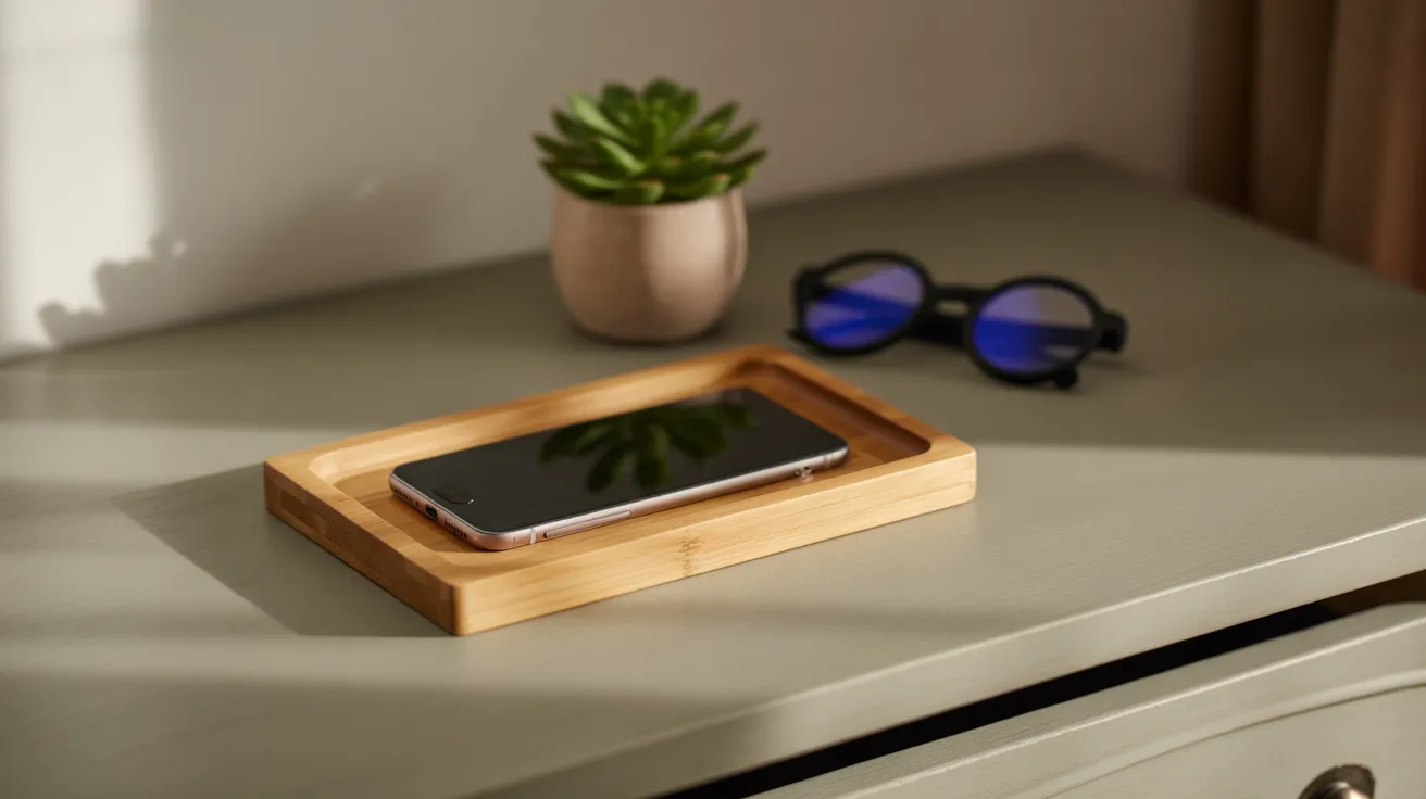 A smartphone placed face down in a wooden tray on an entryway table, next to a plant and glasses, symbolizing a digital break.