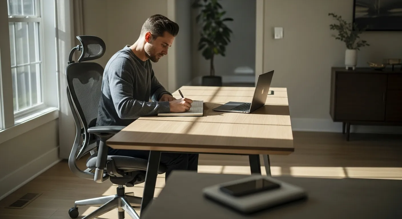 A person at a tidy desk with a closed laptop, writing in a planner by a window with morning light, creating a focused atmosphere.