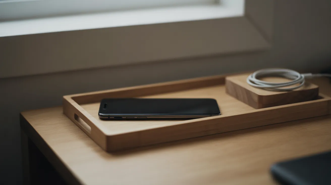 A smartphone turned face down on a wooden tray, next to a charging hub with a neatly managed cable on a clean desk.
