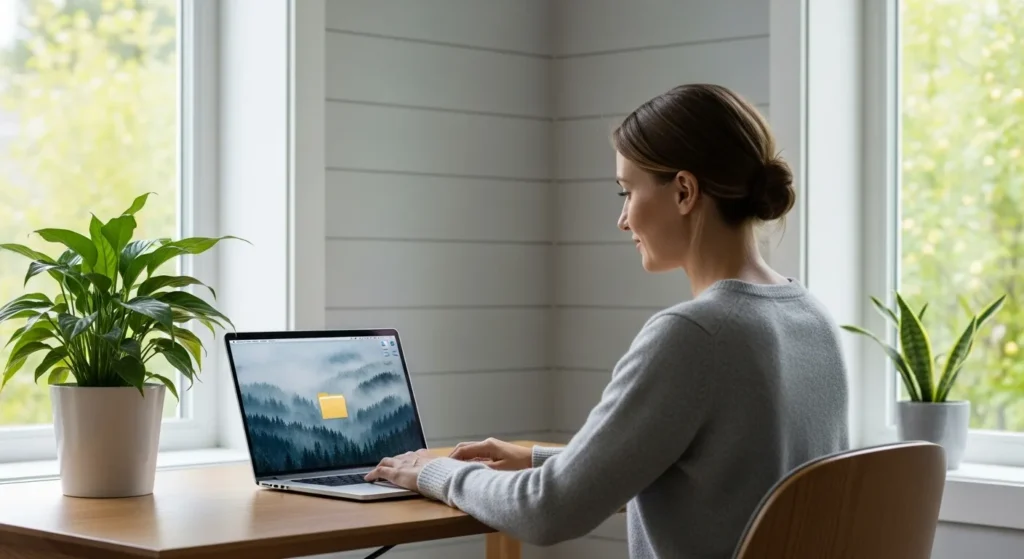 A woman works at a tidy desk in a sunlit room. Her laptop screen is organized and minimal, displaying a nature wallpaper.