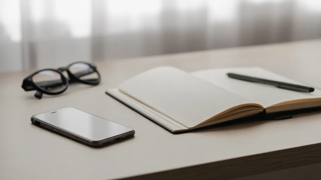 A face-down smartphone, an open notebook, a pen, and reading glasses on a desk, suggesting a pause for reflection on technology use.