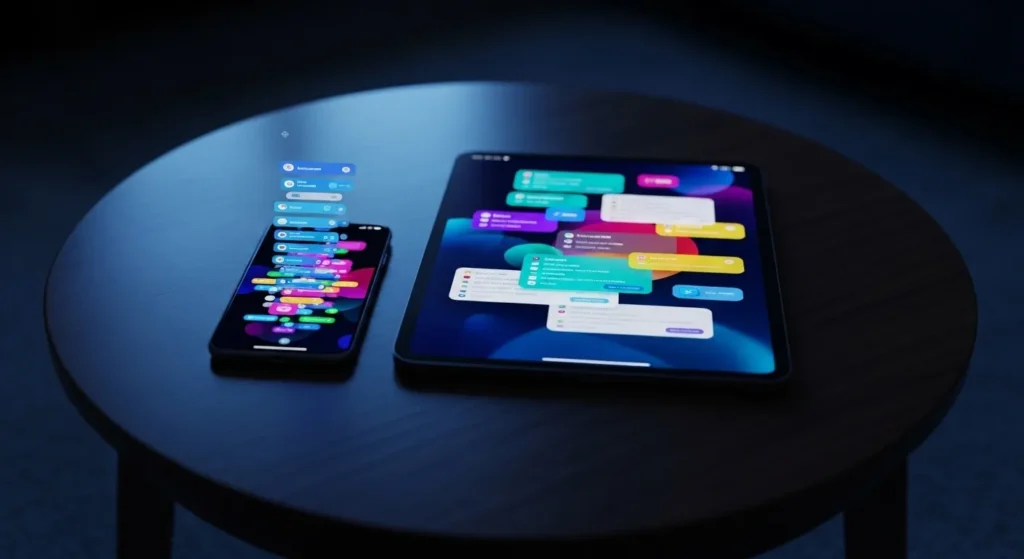 A smartphone and tablet with glowing screens sit on a dark table, illuminating the otherwise dark room.