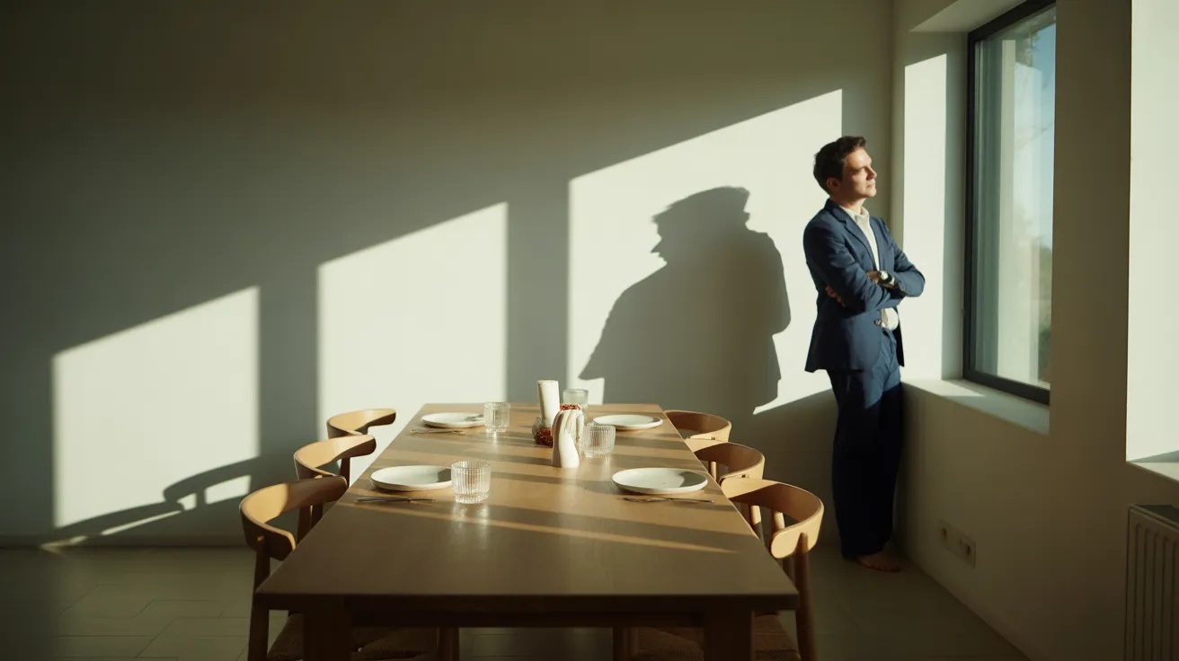 A person takes a break from work, standing by a window next to a clean dining table bathed in harsh sunlight.