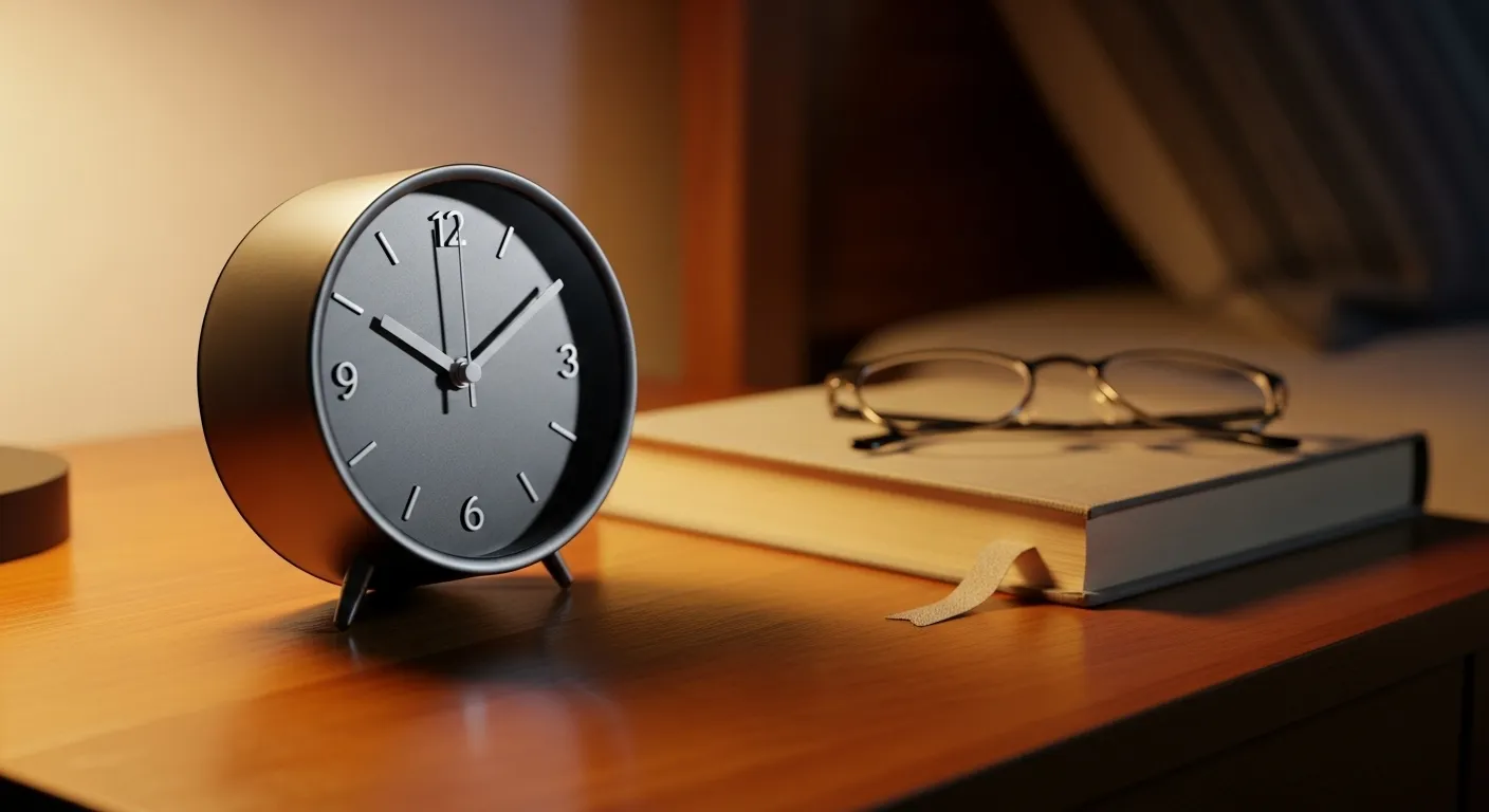 A simple analog alarm clock, a closed book, and reading glasses on a wooden nightstand, lit by the warm glow of a bedside lamp.