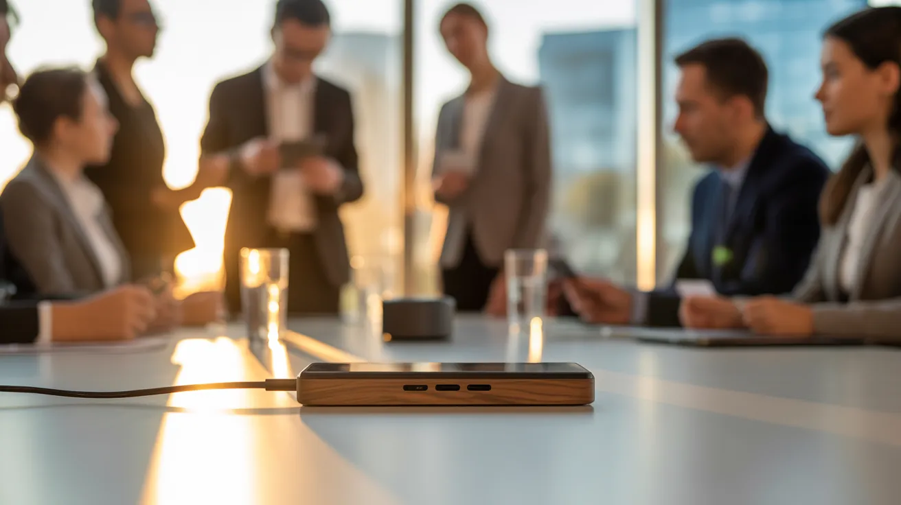 A close-up of a wooden charging station on a meeting table, with a team in discussion in the blurred background during sunset.