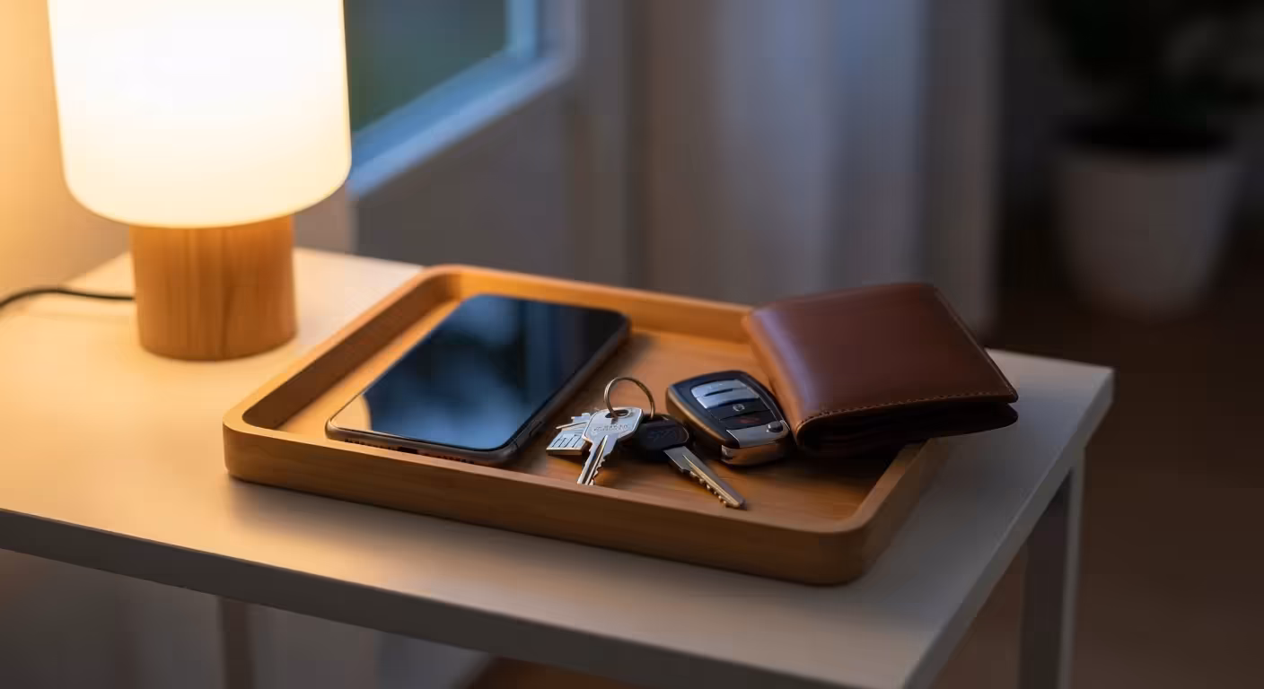 A smartphone placed face down in a wooden entryway tray next to keys, signifying a digital disconnect for the evening.