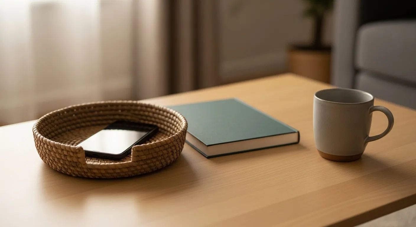A smartphone lies face down in a small basket on a wooden coffee table, signaling a break from screens.