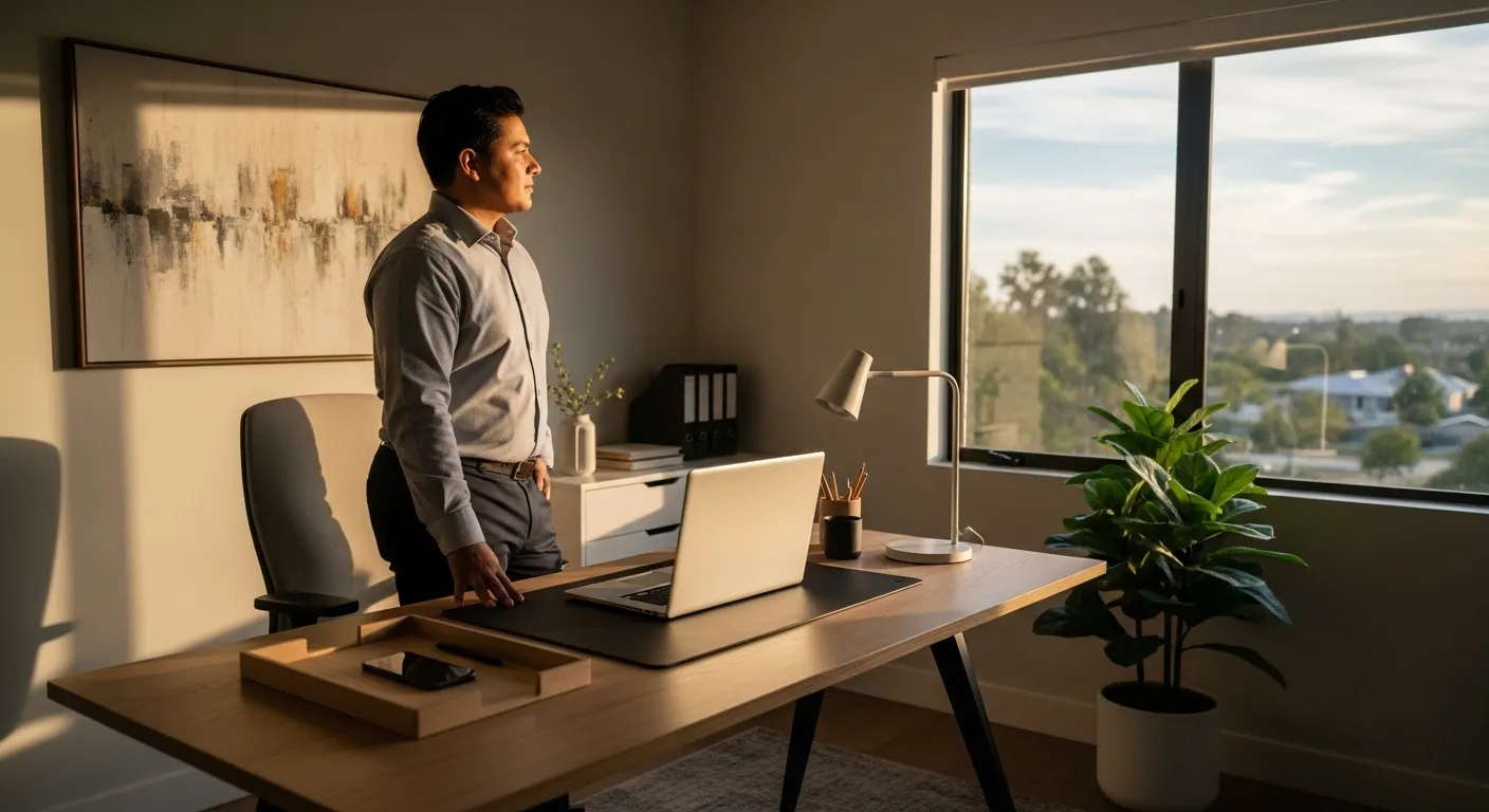 A person stands by a tidy desk in a sunlit home office. A closed laptop and a face-down phone suggest a clear boundary with technology.