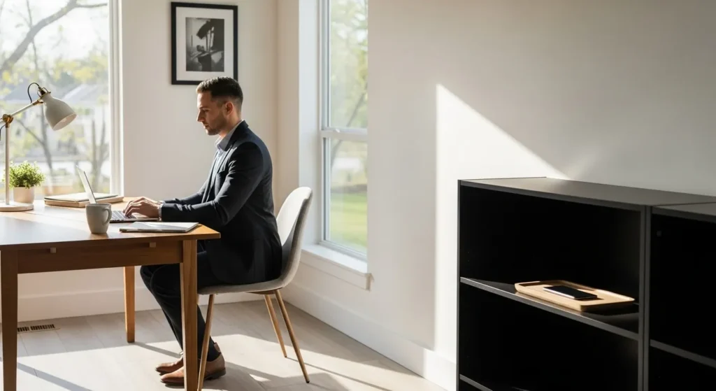 A person working at a desk in a bright home office, with their smartphone placed intentionally on a bookshelf in the background.