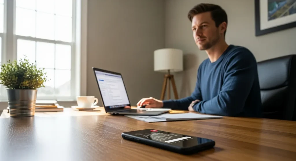 A person at a desk looks from their laptop toward a smartphone that has just received a notification, interrupting their work in a sunlit room.
