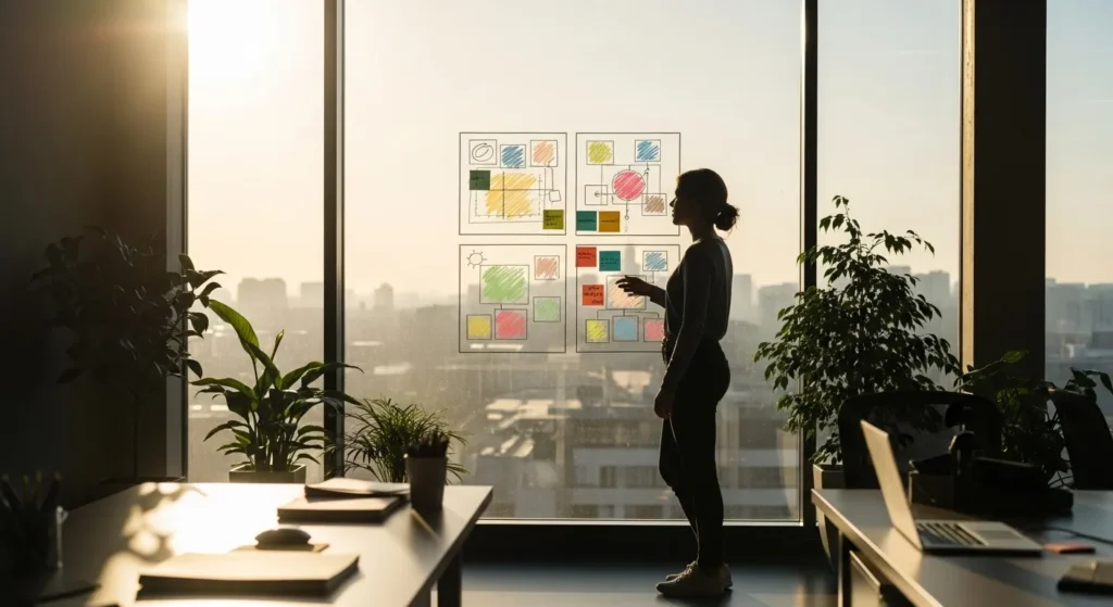 A person in a modern office looks at a 2x2 grid on a large glass board, a visual representation of a prioritization matrix.