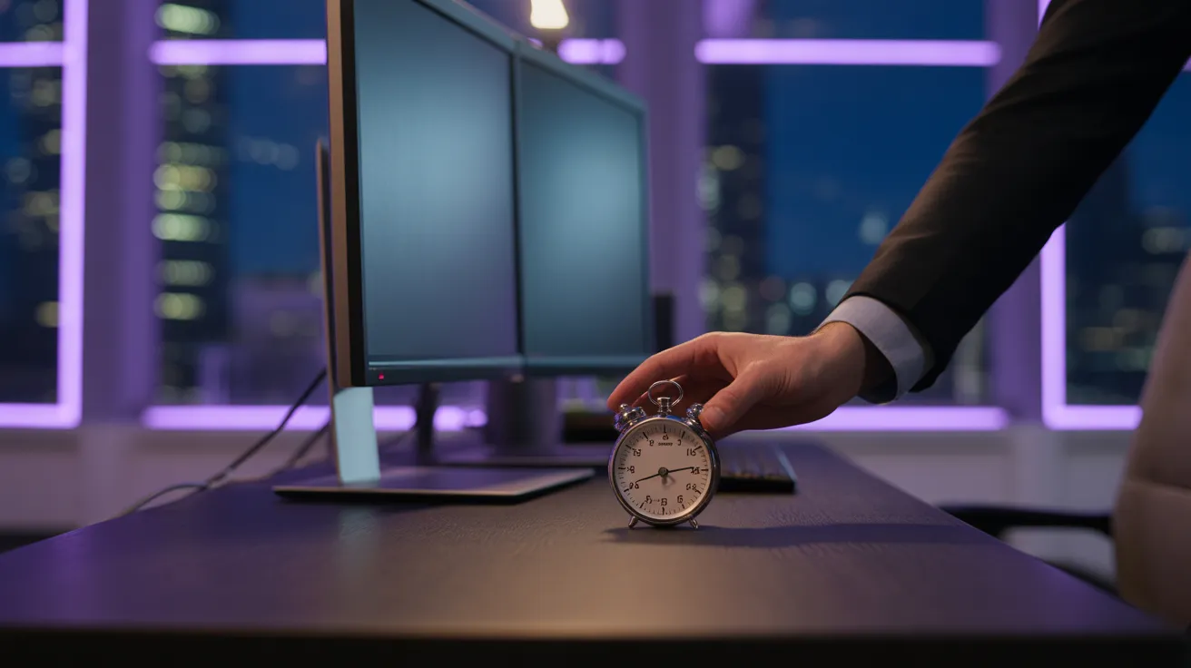 A person sets a small analog timer on a tidy office desk at night, with monitors off and neon city lights glowing from the window.