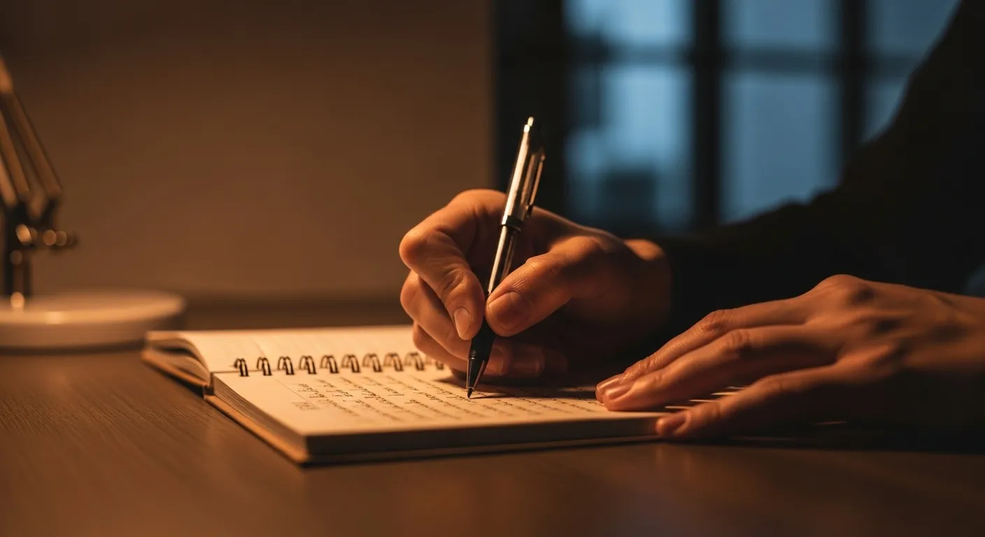 A person's hands writing in a journal on a desk under the warm light of a lamp at night, symbolizing an end-of-day ritual.