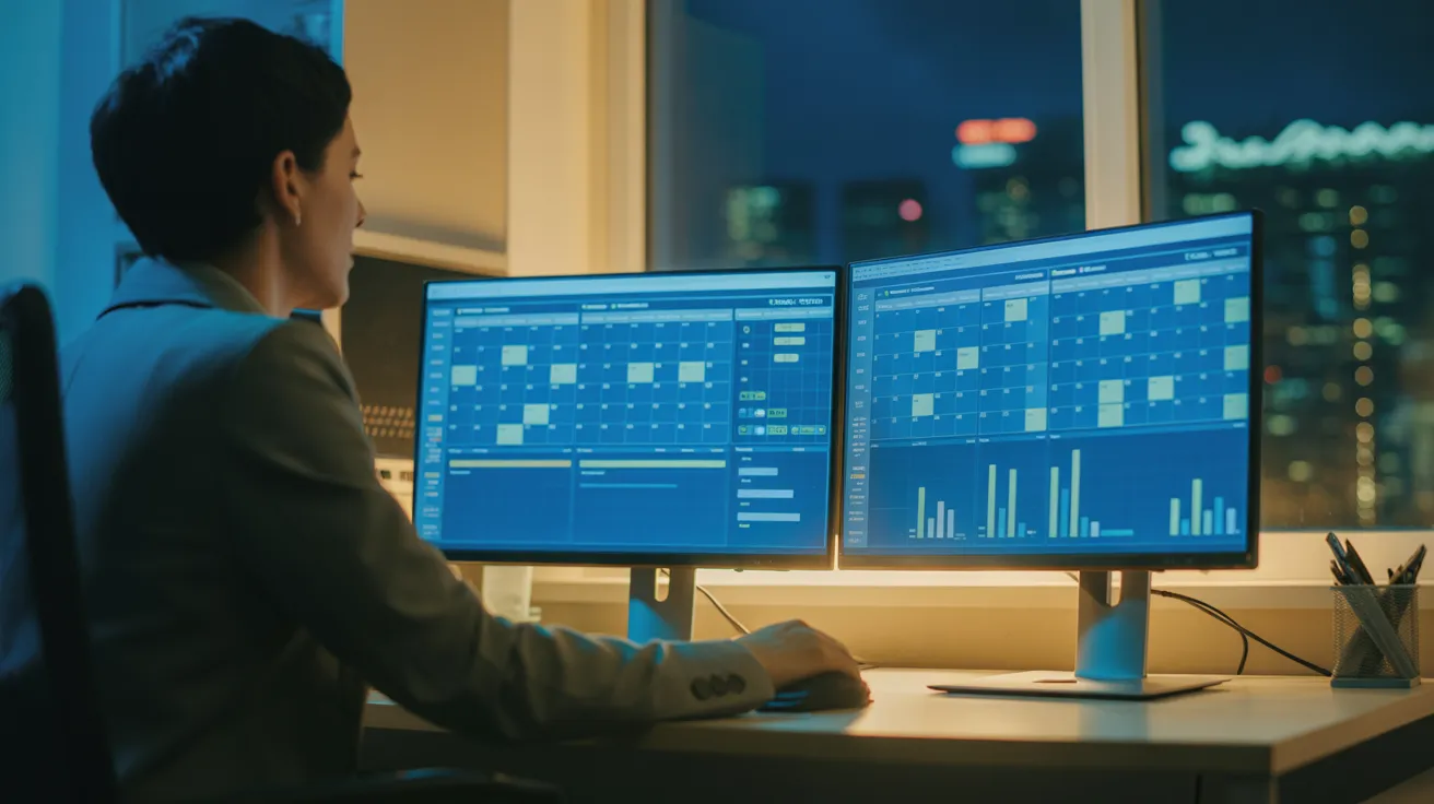 A person viewed from a low angle, working efficiently at a dual-monitor computer in a dark office illuminated by neon lights from outside.