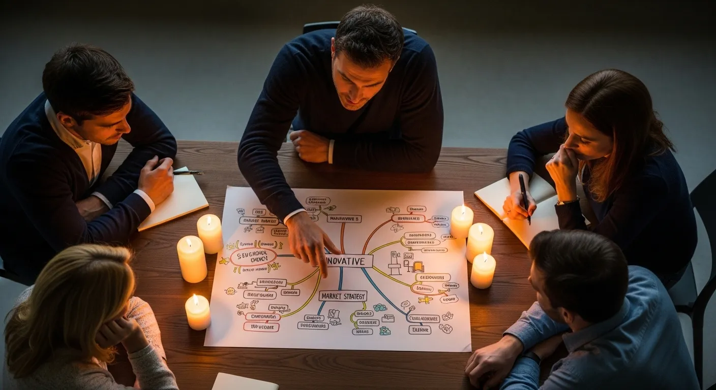 Top-down view of a team meeting around a candlelit table, with one person pointing to a diagram, illustrating leadership and focus.