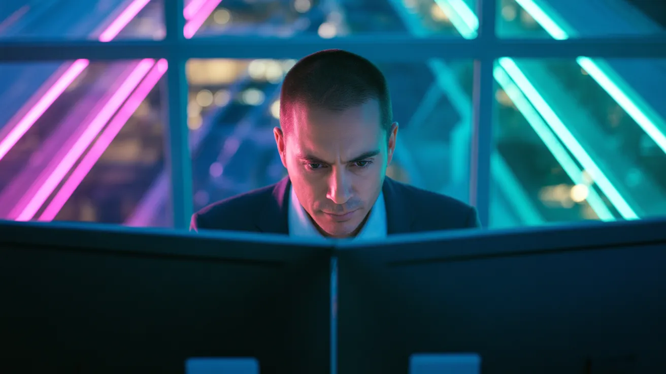 A person viewed from a low angle, working intently at a computer in a dark office, with colorful neon light from a city window reflecting on their fac