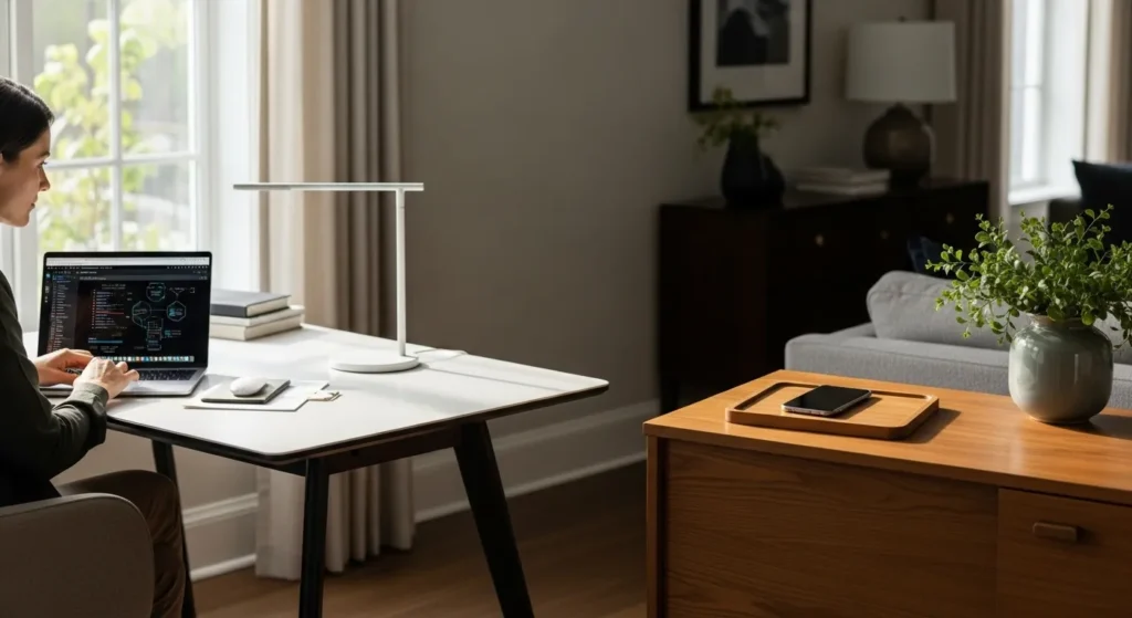 A professional works at a clean, modern desk in a bright room. Their phone is put away on a separate table, promoting a focused work environment.