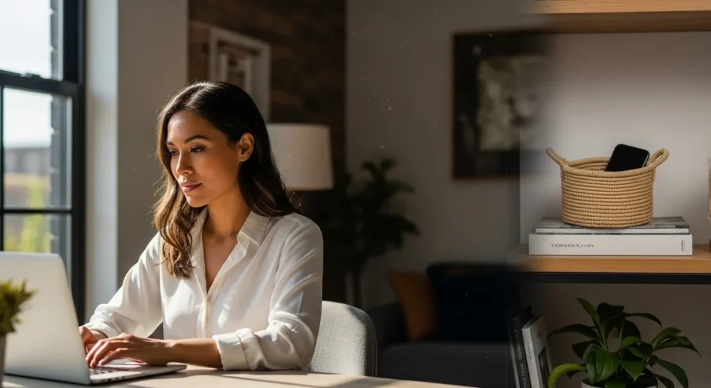A woman works on a laptop at a tidy desk in a bright home office. Her phone is stored in a basket on a nearby shelf, out of reach.
