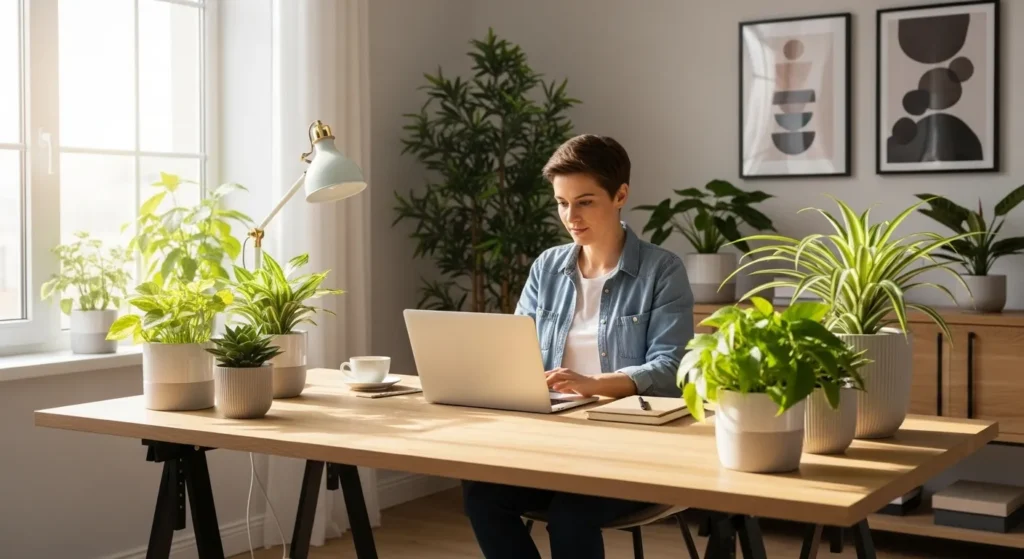 A person sits at a sunlit, organized desk in a home office, focused on a laptop. Green plants frame the workspace, creating a serene atmosphere.