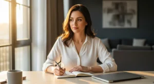 A woman sits at a tidy, sunlit desk with a laptop and closed notebook, looking pensive and ready to begin work in her modern home office.