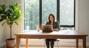 A person works on a laptop at a clean desk in a sunlit home office with a large plant nearby.