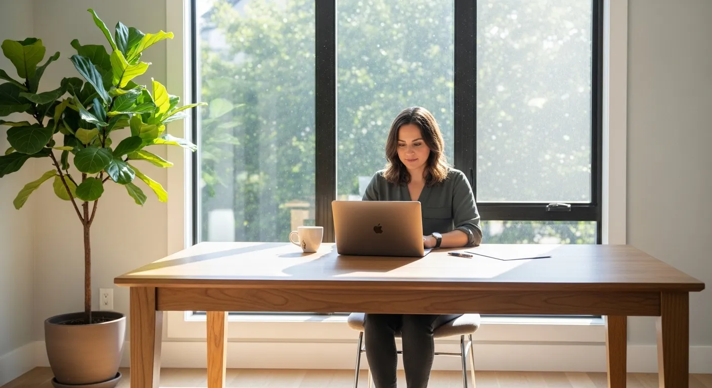 A person works on a laptop at a clean desk in a sunlit home office with a large plant nearby.