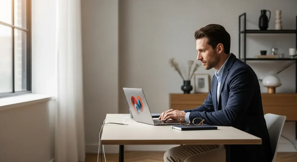 A person working on a laptop at a clean, organized desk in a sunlit home office.