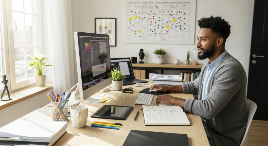 A person is focused on their laptop at a desk in a sunny home office with plants and an organized wall calendar in the background.