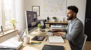 A person is focused on their laptop at a desk in a sunny home office with plants and an organized wall calendar in the background.