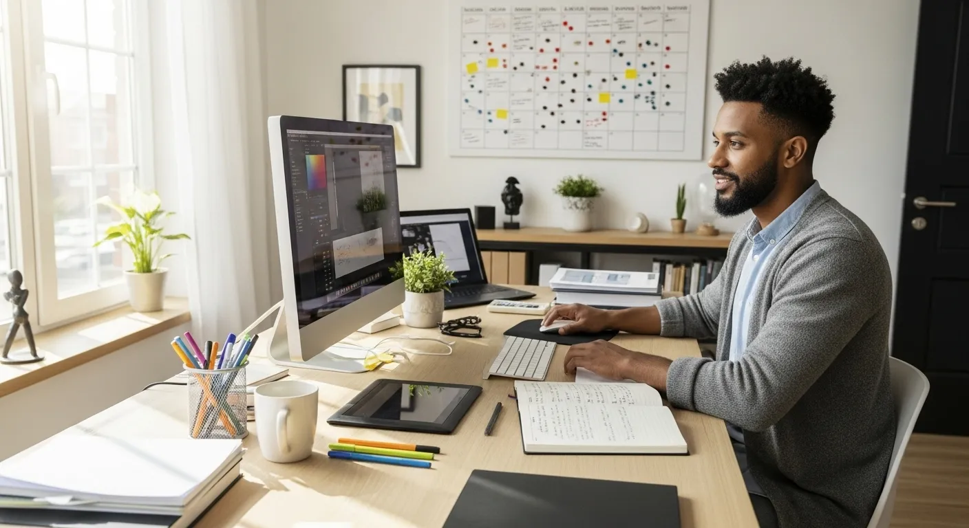 A person is focused on their laptop at a desk in a sunny home office with plants and an organized wall calendar in the background.