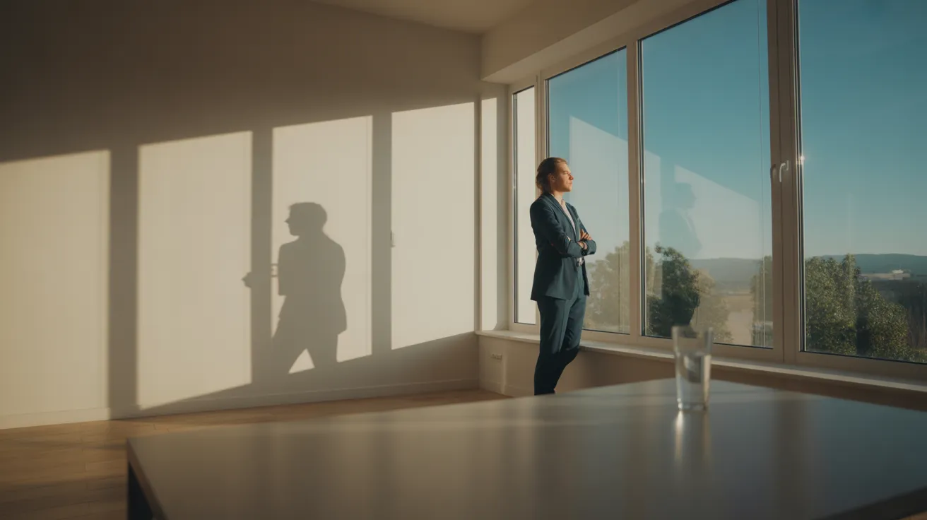 A spacious home office with a person looking out the window during a sunny day, taking a break from work.