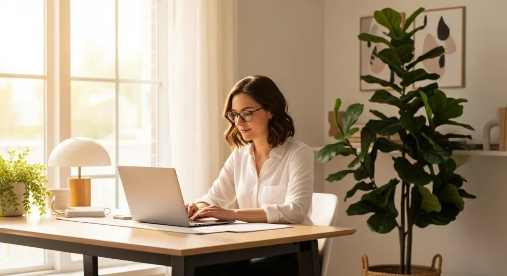 A woman with glasses works on a laptop at a clean desk in a sunlit home office with a large plant next to her.