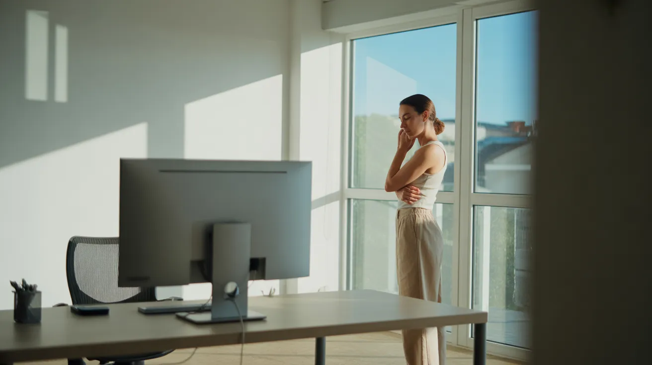 A woman takes a mindful break, stretching by the window in her bright, sunlit home office during a workday.