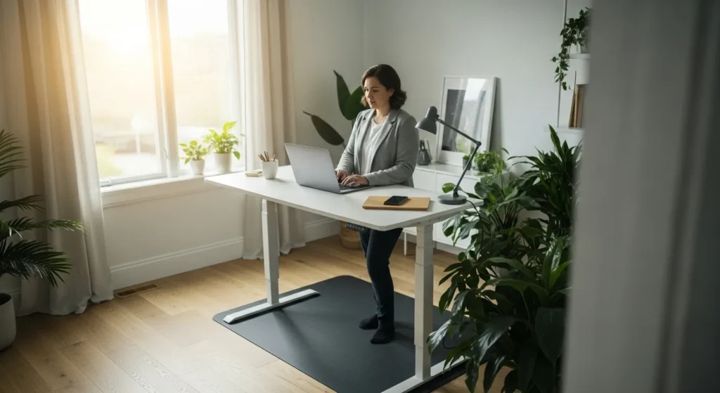 A person at a standing desk in a sunlit home office. A phone rests face down on a tray, separating it from the main workspace.