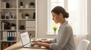 A woman works on a laptop at a tidy desk in a well-lit home office with a large window and bookshelves.