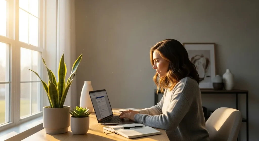 A woman works at a laptop on a white desk in a sunlit home office with green plants.