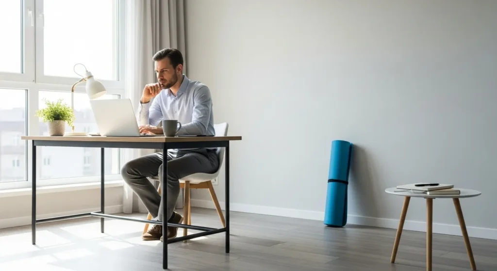 A person working on a laptop at a sunlit desk in a home office, with an unused yoga mat and journal visible in the background.