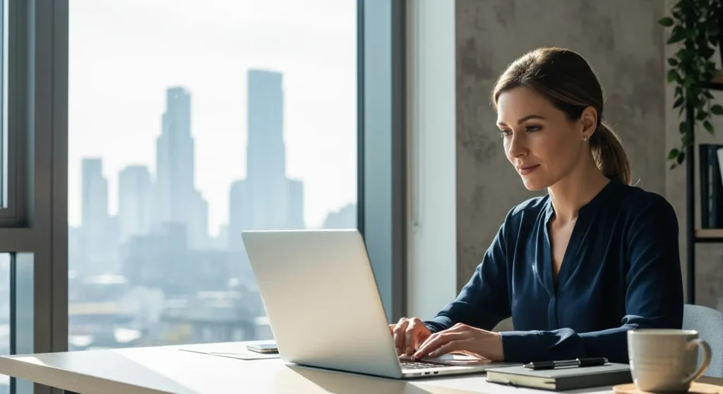 A woman works on a laptop at a neat desk in a sunlit home office with a city view through the window.